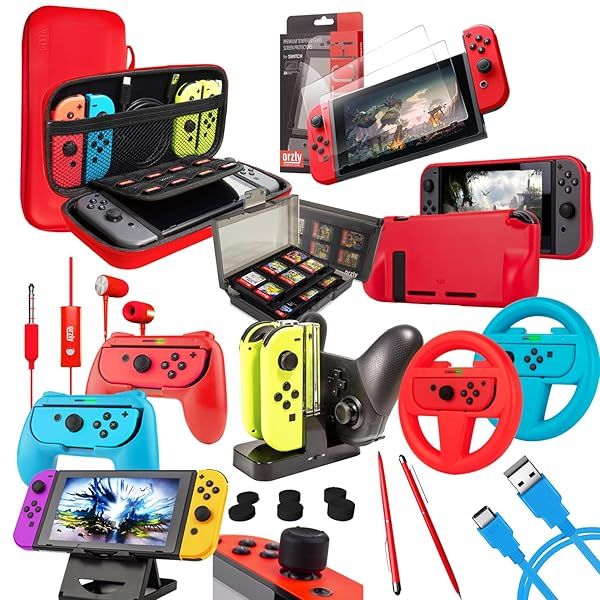 Orzly Accessories Bundle for Nintendo Switch & OLED: Case, Screen Protector, Joycon Grips & More - Geek Pack ColorPop