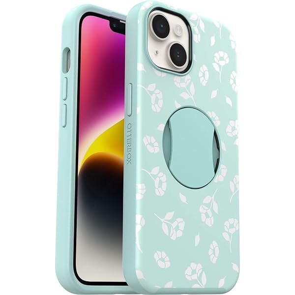 OtterBox iPhone 14 13 OtterGrip Symmetry Case Poppies by The SEA Blue Built-in Grip Sleek MagSafe Compatible Camera Screen Protection
