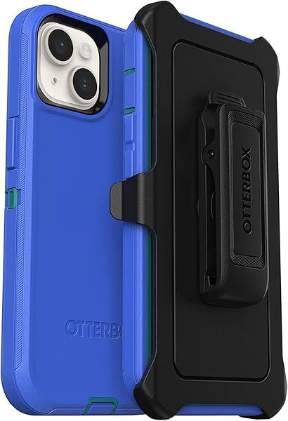 Otterbox Defender Series iPhone 14 Plus Case Rain Check Blue Wireless Charging Compatible with Rotating Belt Clip and Kickstand