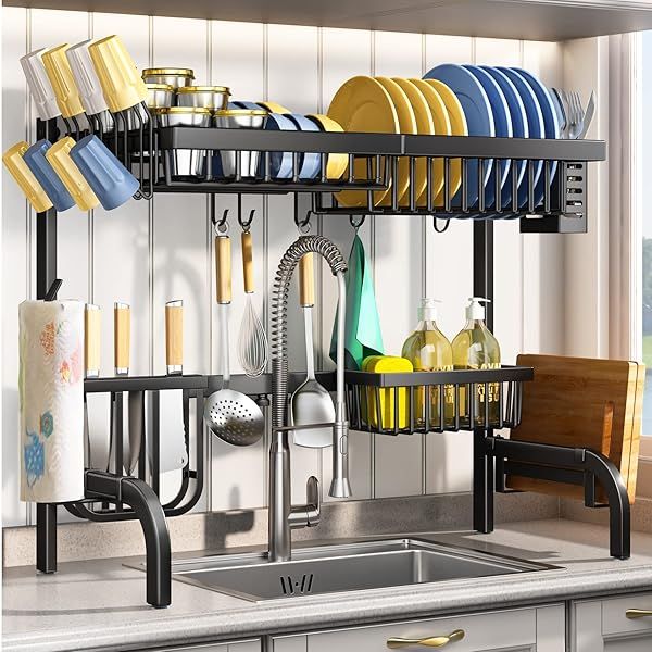 Adjustable 2-Tier Over The Sink Dish Drying Rack - Metal Steel with Hooks & Utensil Holder (25.5-33.5 inch, Black)