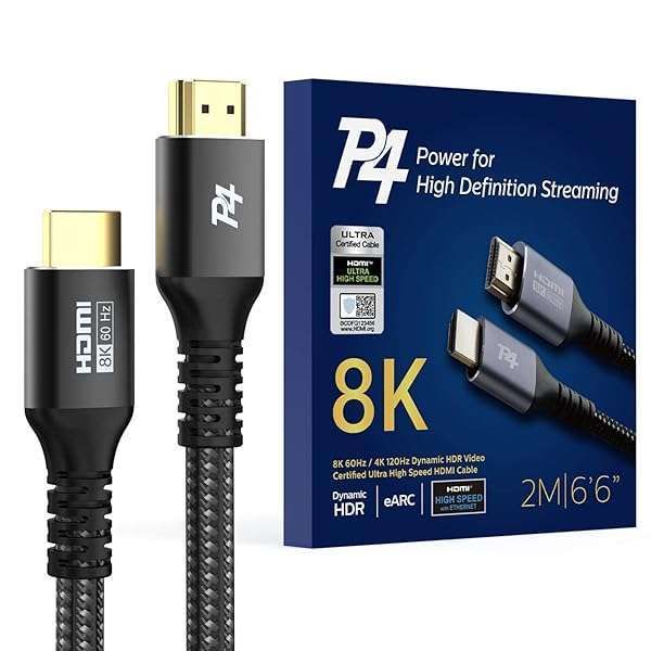 Buy P4 Premium 8K HDMI 2.1 Cable - 6.6ft Braided, High Speed, eARC, HDR10+ - Compatible with Apple TV, PS5, Roku & More