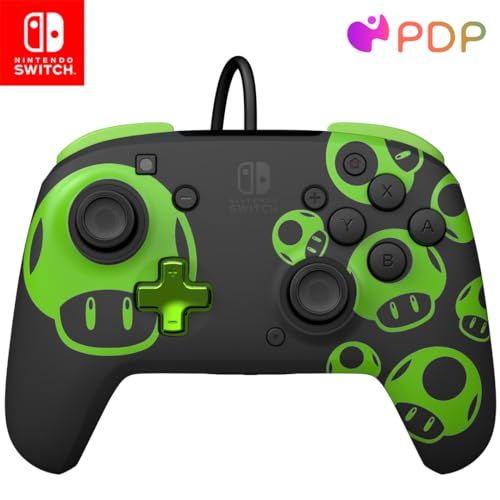 Enhanced PDP Rematch Wired Pro Controller for Nintendo Switch Lite/OLED - Customizable, Glow in the Dark, Super Mario 1-UP Design