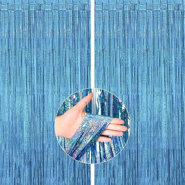 PartyWoo Blue Foil Fringe Curtains - 2 Pcs Tinsel Backdrop for Birthday Parties & Photo Booths | 3.3x6.6 ft Streamers