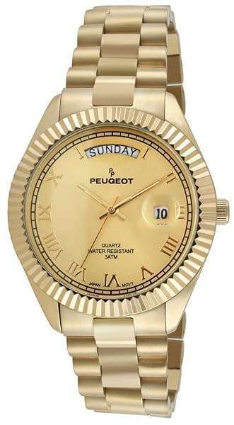 Peugeot 14K Gold Plated Luxury Watch: Big Face, Day-Date, Roman Numerals & Fluted Bezel