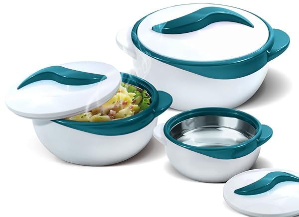 Thermal Insulated Salad & Soup Bowls Set of 3 - Pinnacle Turquoise Dish with Lid for Holidays & Parties