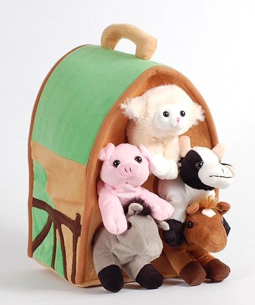 Plush Farm House Set: 5 Stuffed Animals (Horse, Lamb, Cow, Pig, Grey Horse) for Kids' Playtime Fun
