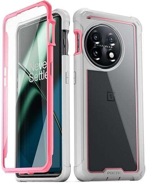 Poetic Guardian Case for OnePlus 11 5G: 20FT Drop Tested, Shockproof Bumper & Screen Protector - Pink/Clear