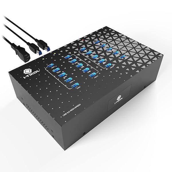 20-Port USB 3.0 Hub with 5V 40A Power Adapter - High-Speed Data Transfer & Mounting Brackets for Laptops, Tablets & Phones
