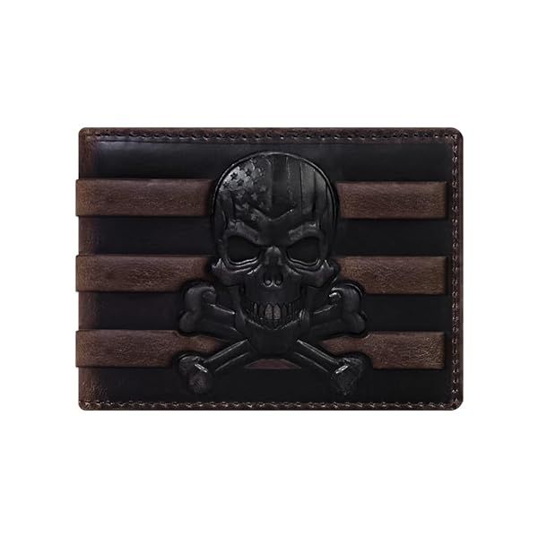 QIHEOS Men's American Flag Skull Wallet Bifold Genuine Leather RFID Blocking Slim Design with Money Clip and 6 Card Slots Brown