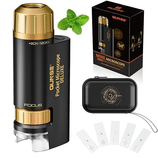 QUNSE Kids Pocket Mini Microscope 60x-120x with Slides and Storage Case Perfect Gift for Birthdays and Christmas