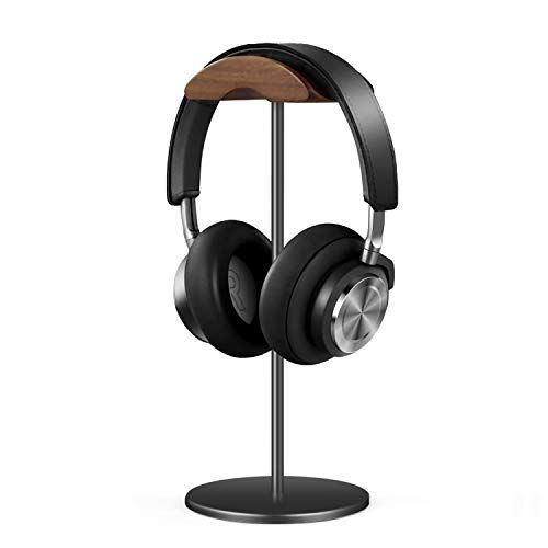 QinCoon Headphone Stand, Walnut Wood &amp; Aluminum Headset Stand, Nature Walnut Gaming Headset Holder with Solid Heavy Base for All Headphone Sizes (Black)