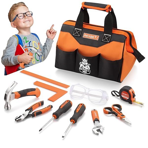 REXBETI Kids Tool Set 10 Pieces with Real Tools and Storage Bag for Home DIY and Woodworking Learning