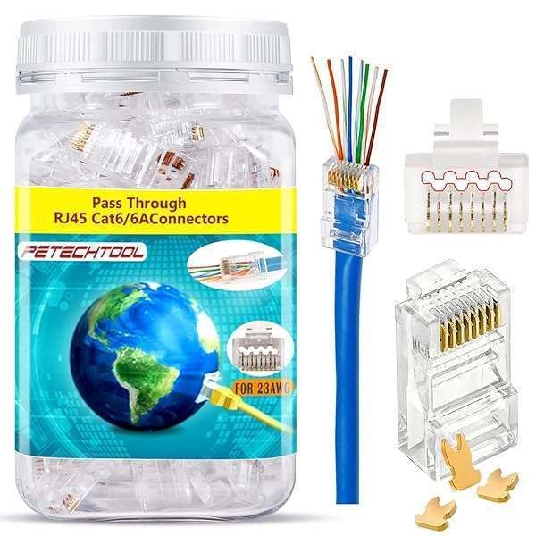 RJ45 23AWG Cat6a Cat6 Connector Gold Plated 8P8C Pass Through Ends UTP Network Plug for Unshielded Twisted Pair Solid Wire & Standard Cables | Transparent Passthrough Ethernet Connector (100Packs)