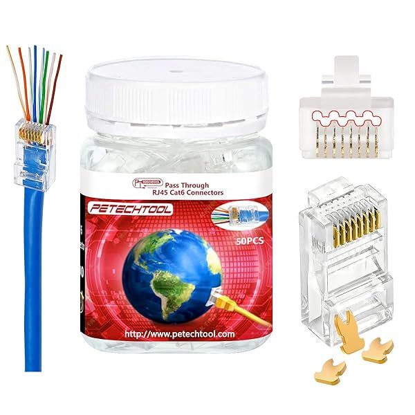 RJ45 23AWG Cat6a Cat6 Large Connector Gold Plated 8P8C Pass Through Plug UTP Network Ends for Unshielded Twisted Pair Solid Wire & Standard Cables | Transparent Passthrough Ethernet Insert?50Packs?