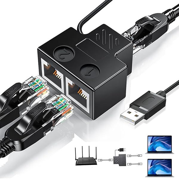 RJ45 Ethernet Splitter 1 to 2 Mini Gigabit Network Switch with USB Power Cable for CAT 5 6 7 8 Supports Two Devices Online Simultaneously