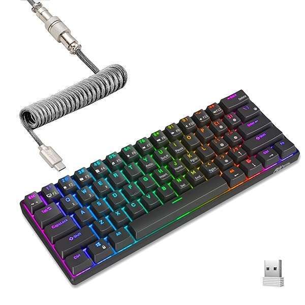 RK ROYAL KLUDGE RK61: 60% RGB Mechanical Keyboard - Wireless/Bluetooth, Hot Swappable Brown Switches, Coiled Cable - Gaming Essential