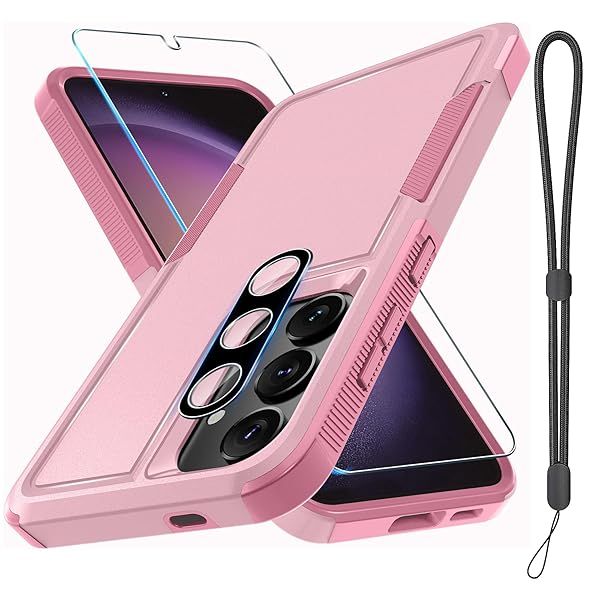 RMOCR Heavy Duty Rugged Case for Samsung Galaxy S24 with Lanyard Strap Tempered Glass Screen Protector and Cute Pink Camera Lens Cover