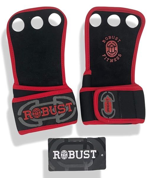 Robust Fitness Genuine Leather Hand Grips for Gymnastics Cross-Training Pull-ups Weightlifting with Neoprene Wrist Wraps Red Small