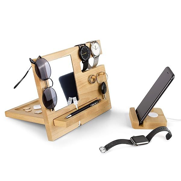 ROSTMARYGIFT Wood Phone Docking Station: Perfect Birthday Gift for Dad & Husband - Wallet, Watch Organizer & Mirror Included