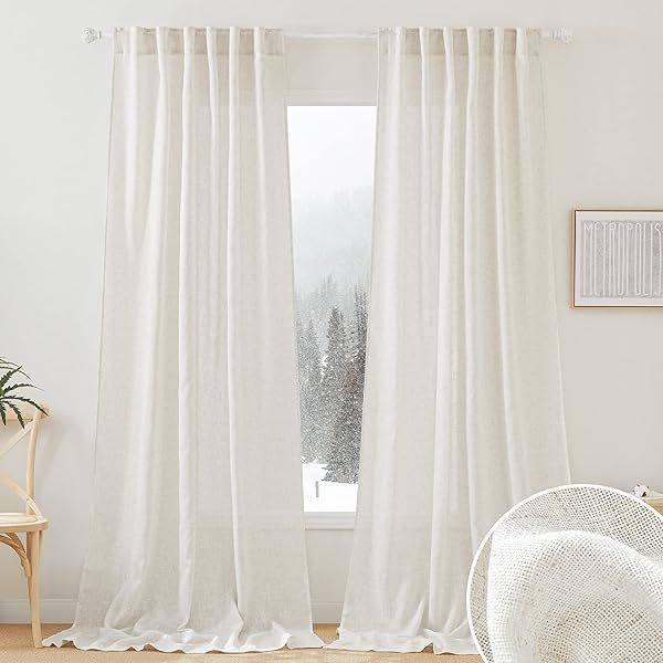 RYB HOME 108 Inch Flax Linen Blend Semi Sheer Curtains Extra Long Drapes for Living Room Dining Doorway Farmhouse Office Sunroom 2 Panels