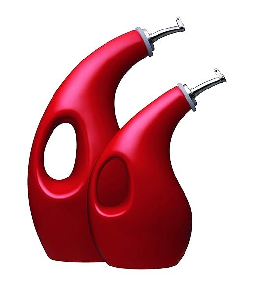 Rachael Ray Solid Glaze EVOO Olive Oil Dispenser Set - 2 Piece Red Ceramic Bottle with Spout