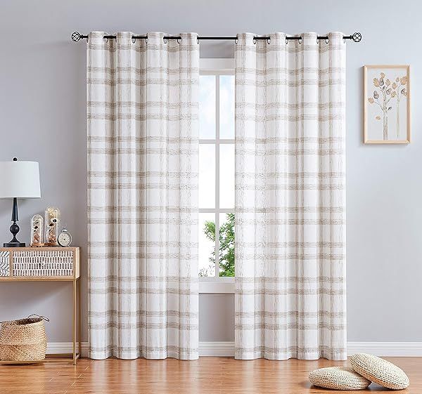 Randall White Brown 84 Inch Window Curtain Panel Pairs Linen Blend Semi Sheers Grommets Rustic Farmhouse Style Drape Sets for Living Room Bedroom
