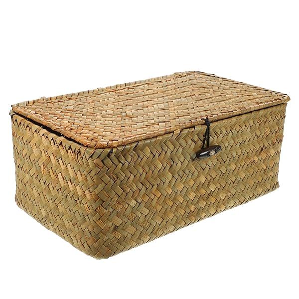 Rattan Storage Basket Makeup Organizer with Lid - Stylish & Versatile Container for Home & Office