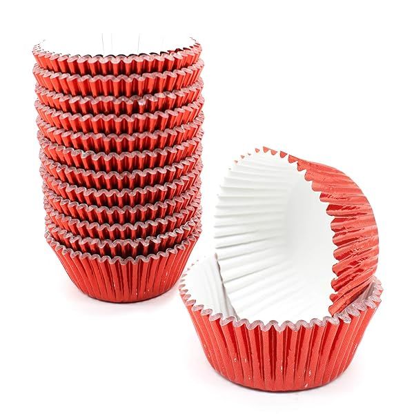 Red Cupcake Liners 500 Pack Standard Size Foil Wrappers Metallic Baking Cups Muffin Paper Cases for Easy Baking