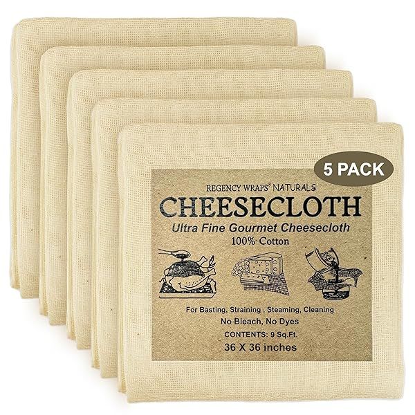 "Regency Wraps 100% Cotton Cheese Cloth - 5 Pcs, 36"x36" for Basting, Canning, Straining & Cheesemaking - Chef Grade Quality"