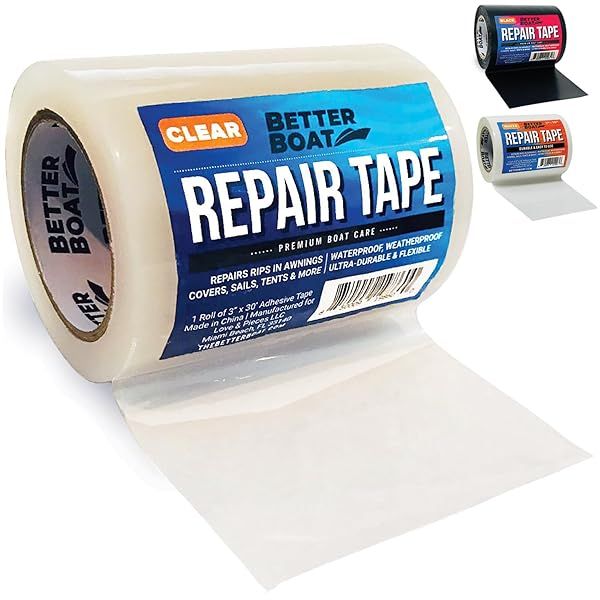 "Heavy-Duty Waterproof Repair Tape for Fabric Boat Covers, Tents, RV Awnings & More - 30ft x 3" Clear Vinyl"