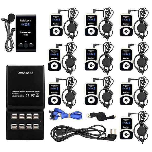 Retekess T130 Church Translation & Tour Guide System: 16-Port USB Charging, 164ft Range, 1 Transmitter & 10 Receivers