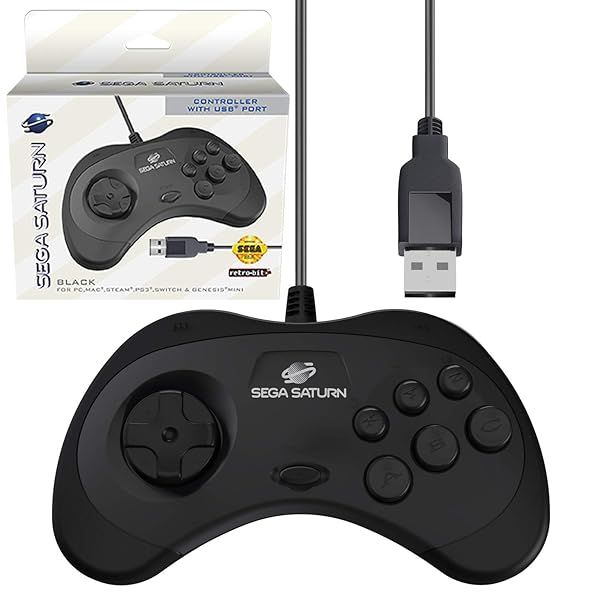 Retro-Bit Sega Saturn USB Controller Pad for Genesis Mini, PS3, PC, Mac & Switch - Model 2 (Black)