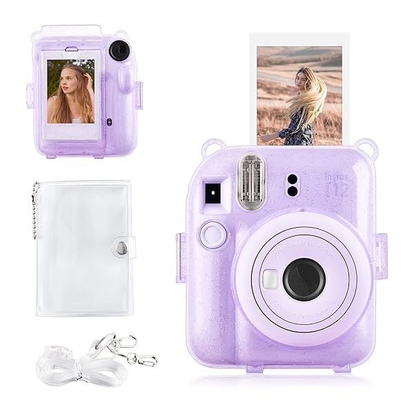 Rieibi Clear Glitter Case for Fuji Instax Mini 12 with Back Pocket Strap and Photo Album in Purple