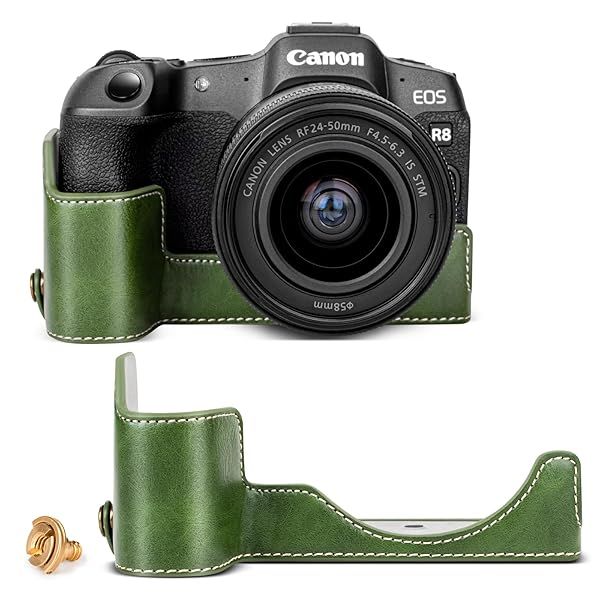 Rieibi R8 Half Case Handmade PU Leather Camera Protection Case for Canon EOS R8 in Green