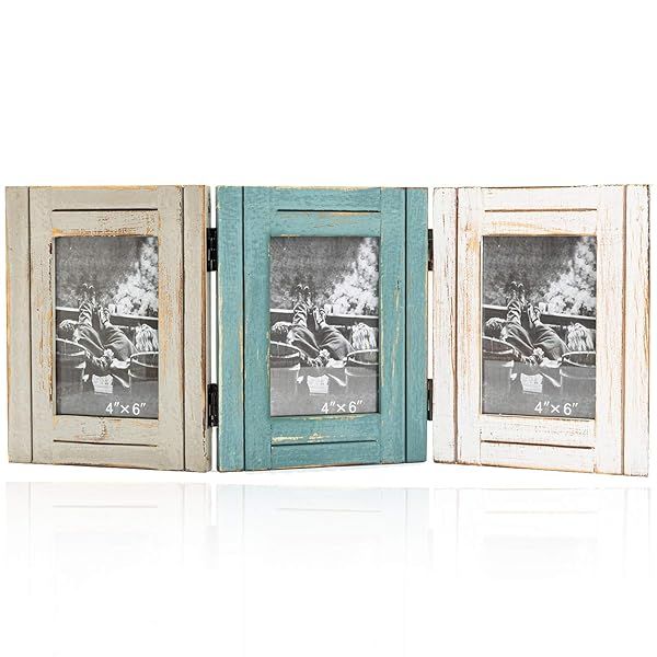 RiteSune Rustic 3-Photo Frame: Distressed 4x6 Triple Hinged Display for Holidays & Festivals
