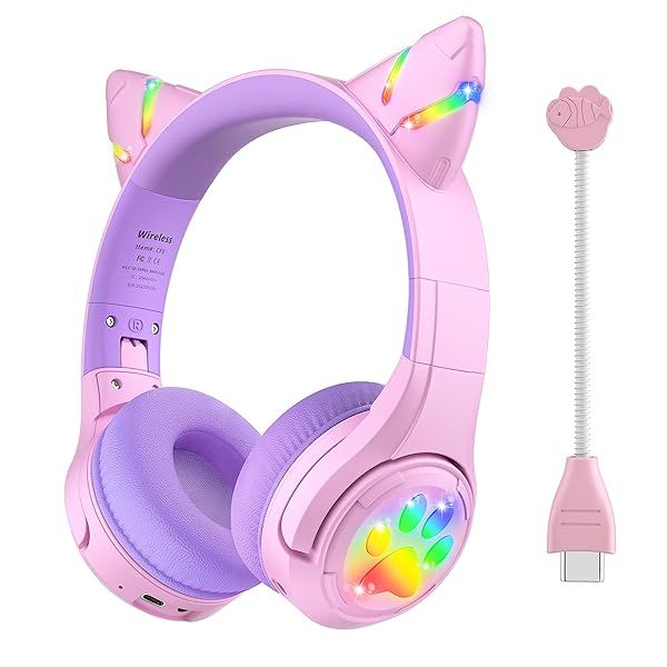 Riwbox CF9 Cat Ear Kids Bluetooth Headphones - LED, 85dB Volume Limit, Mic for School & Online Learning (Purple)