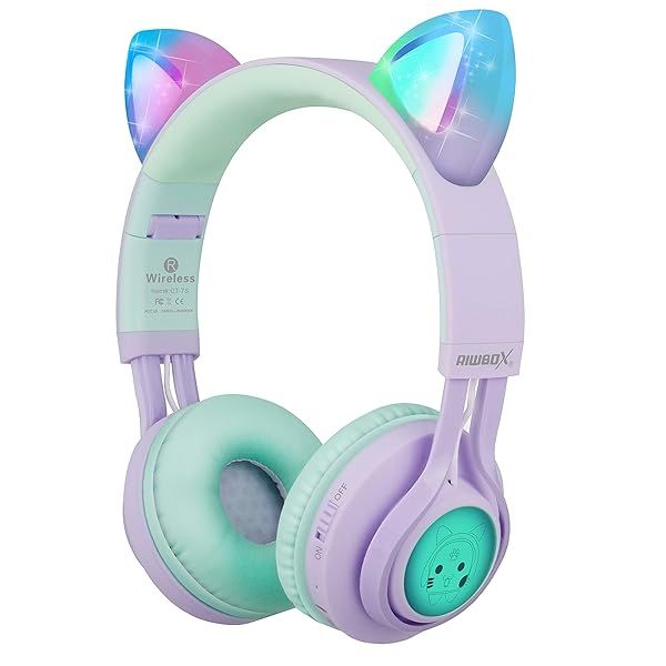 Riwbox CT-7S Cat Ear Wireless Headphones for Kids - 85dB Volume Limiting, LED Lights, Microphone for Laptop/PC/TV (Purple & Green)