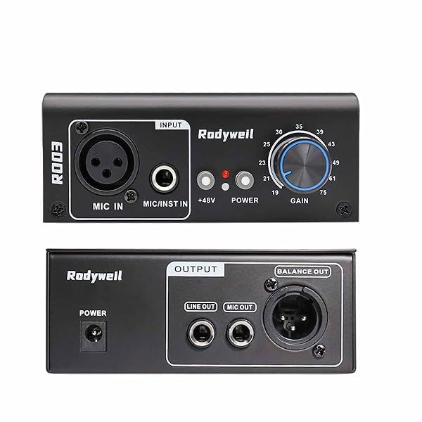 Rodyweil Microphone Preamp Mic Gain Booster 75db Gain 48V Phantom Power for Dynamic and Condenser Mics