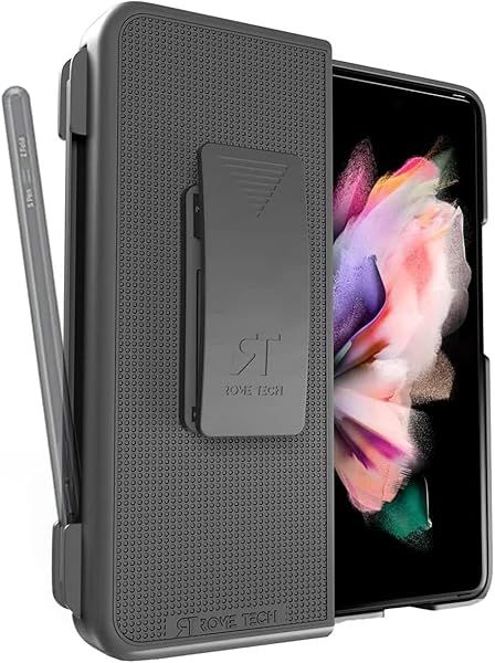 Rome Tech Belt Clip Holster Case with Pen Holder for Galaxy Z Fold 3 Heavy Duty Rugged Slide Phone Cover Black