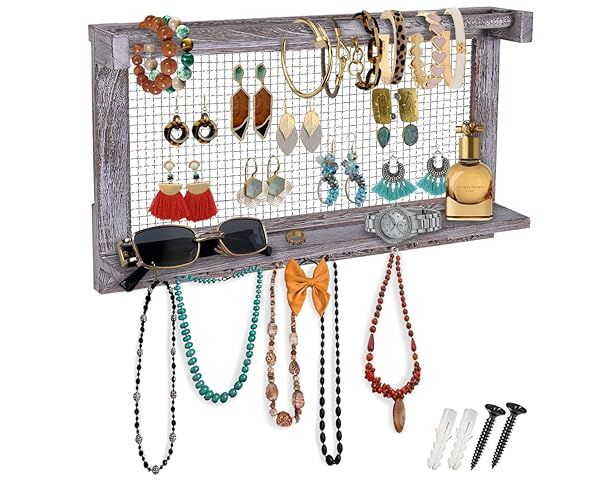 Rustic Jewelry Organizer Wall Mounted Holder with Removable Bracelet Rod Shelf and 16 Hooks Vintage Jewelry Display in Rustic Blue