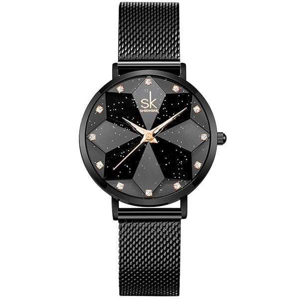 SHENGKE SK Creative Design Starry Star Women Watch with Genuine Leather Stainless Steel Mesh Band (Starry-MESH Band-Black)