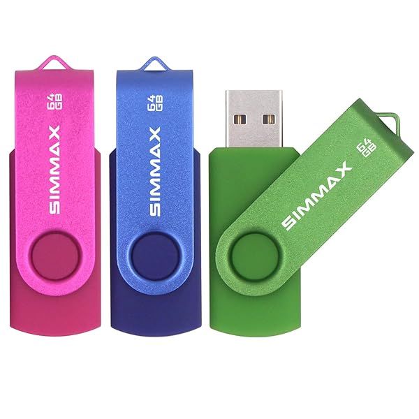 SIMMAX 3 Pack 64GB USB 2.0 Flash Drives - Colorful Swivel Thumb Drives in Pink, Blue & Green