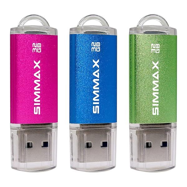SIMMAX 32GB USB 2.0 Flash Drive 3-Pack - Pink, Blue & Green Thumb Drives for Easy Storage