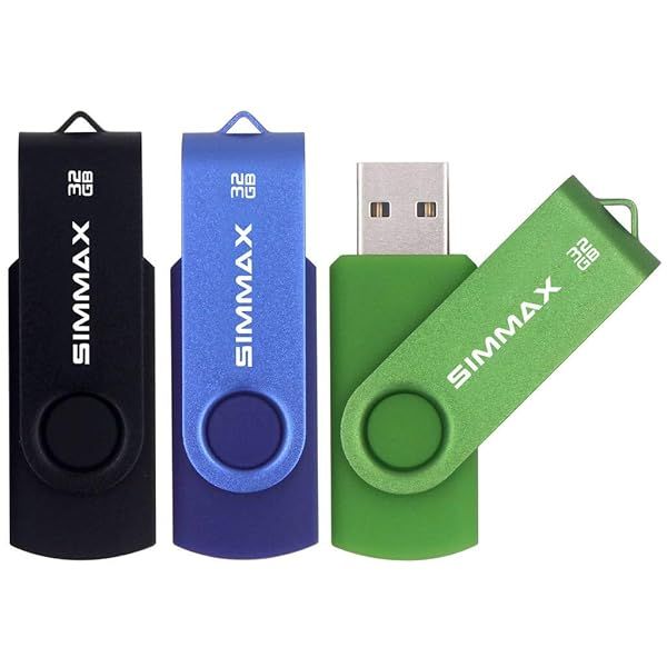 SIMMAX 32GB USB Flash Drives 3-Pack - Swivel Design USB 2.0 Memory Sticks in Black, Blue & Green