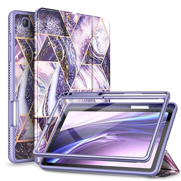 "Suritch Galaxy Tab S6 Lite Case 10.4" - Lightweight Leather Cover with Screen Protector, Pencil Holder & Auto Sleep/Wake - Purple Marble"