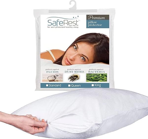 SafeRest King Size Waterproof Pillow Protector - Zippered Cotton Terry Cover for Dorms & Apartments
