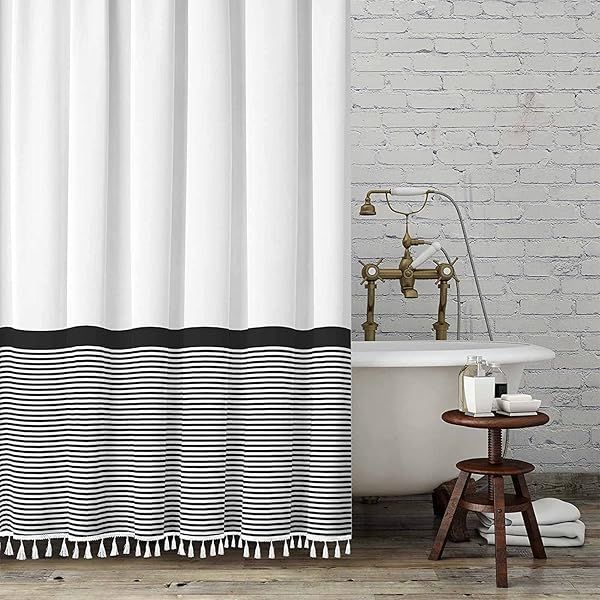 Seasonwood Black & White Striped Shower Curtain with Tassels - 72x72 Heavy Weighted Bathroom Decor