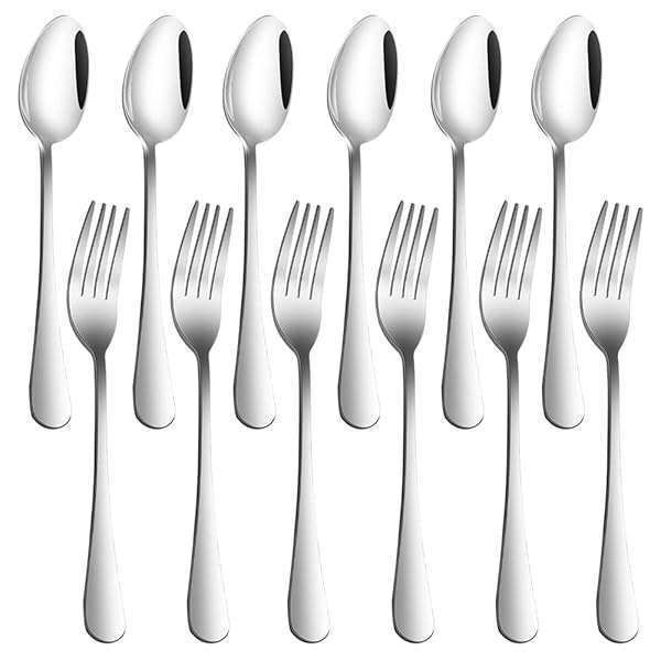 "Heavy-Duty Stainless Steel Dinner Forks & Spoons Set of 12 - 8" Forks & 7" Spoons for Durable Dining"