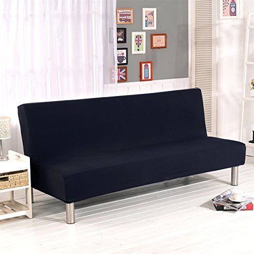 "Solid Black Armless Sofa Bed Cover - Stretch Polyester Futon Slipcover for 3 Seater Couch (80"x50")"