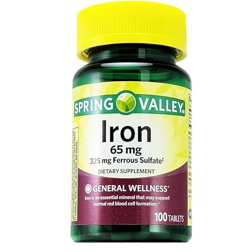 Spring Valley Iron 65 mg & Ferrous Sulfate 325 mg - 100 Tablets for Energy & Wellness